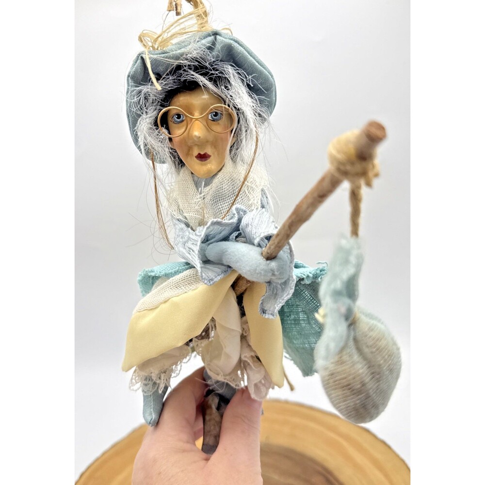 Vintage KASAMA Hanging Flying Kitchen Witch Broom Doll Whimsical Halloween 11”